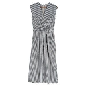 Elodie Striped Twist Front V-Neck Midi Dress Blue White Nautical Coastal Grandma